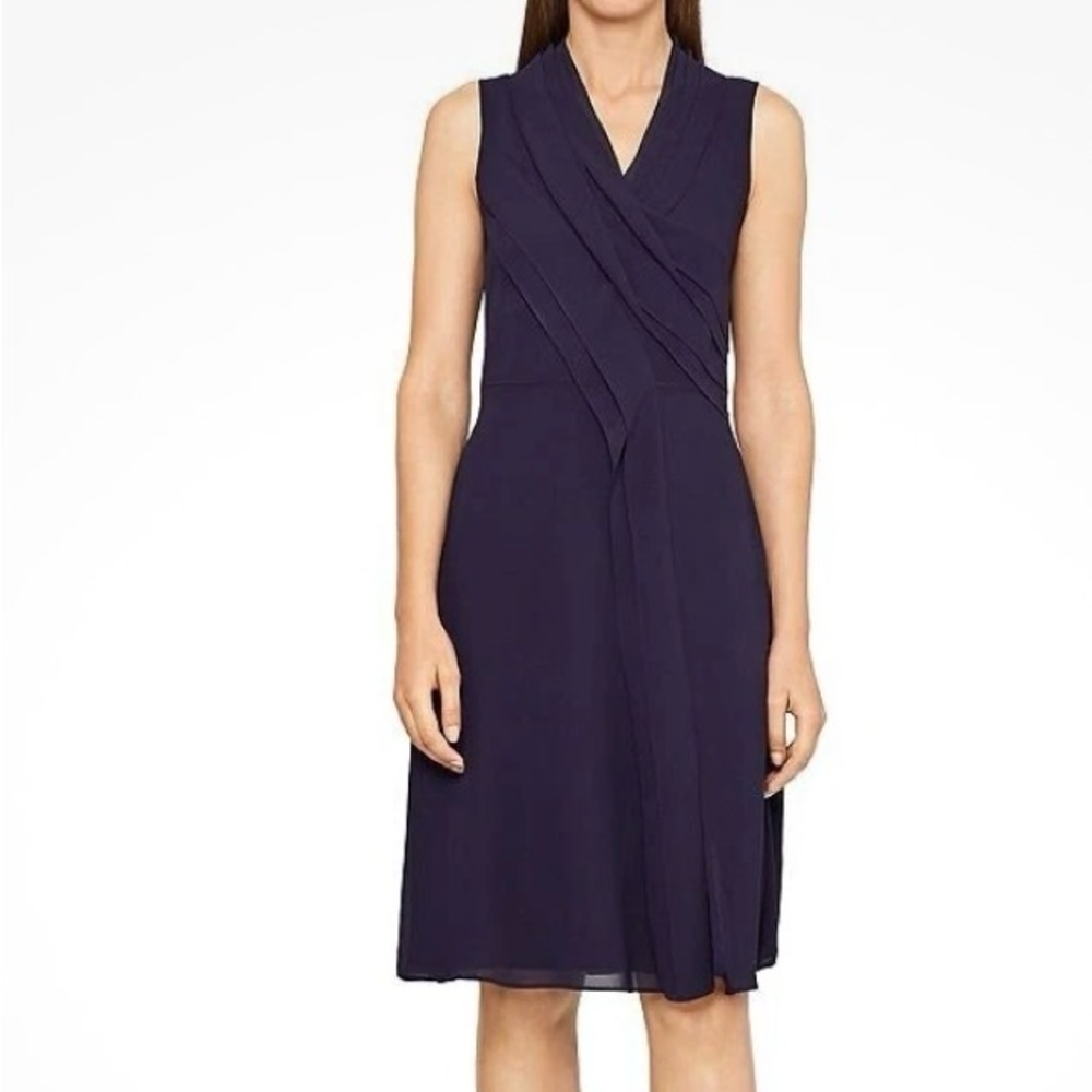 REISS Alana v neck Pleat Front Ruffle crepe faux wrap Dress / Navy Blue / 6